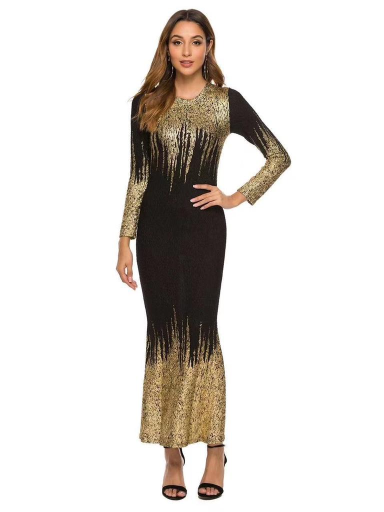 Nowa Sukienka z Nadrukiem Złotej Folii, Dopasowana, z Długim Rękawem, na Jesień/Zimę, Wieczorowa, z Trenem