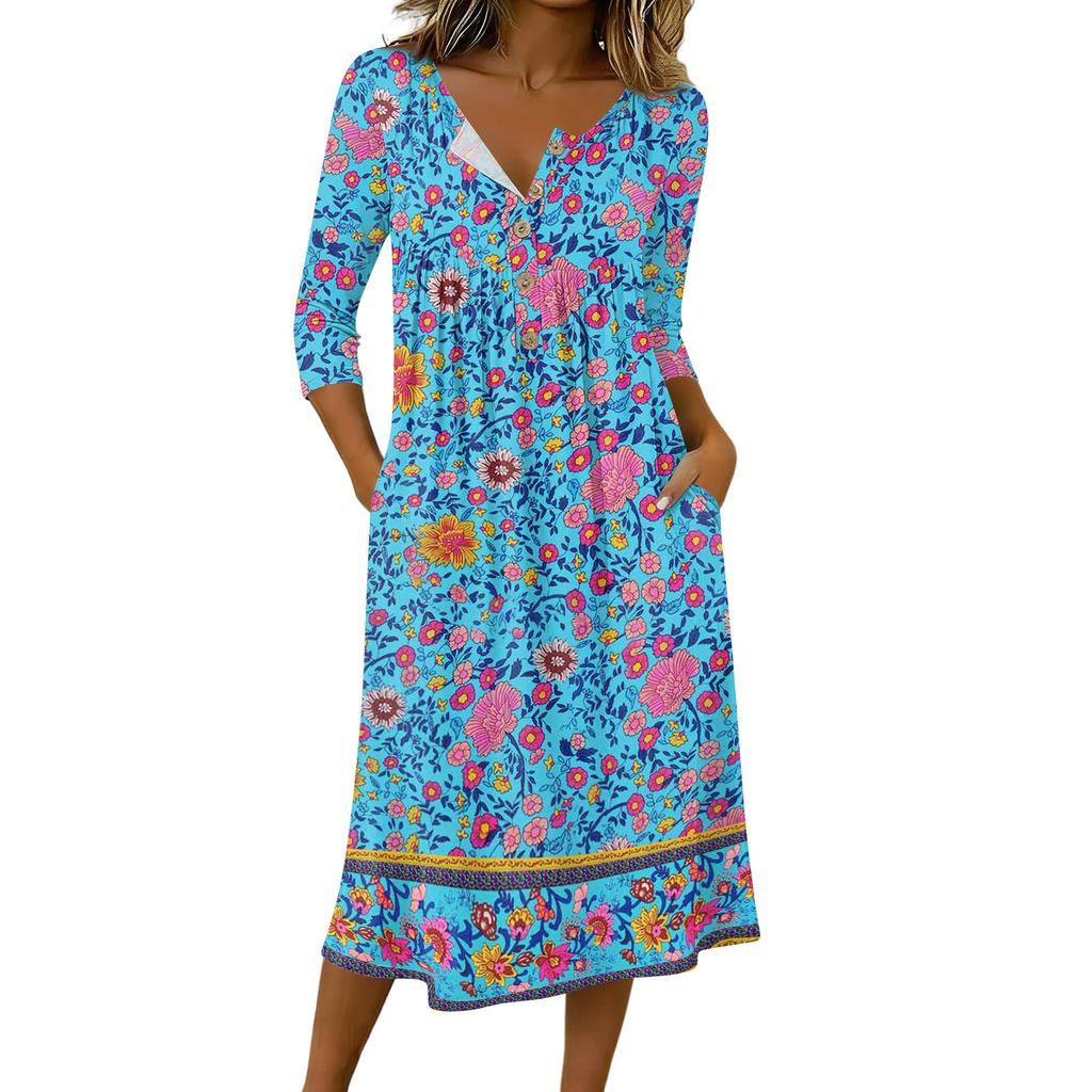 Rochie casual de damă la modă, cu imprimeu colorat, gât rotund, mânecă 3/4, guler cu nasturi, lungime medie