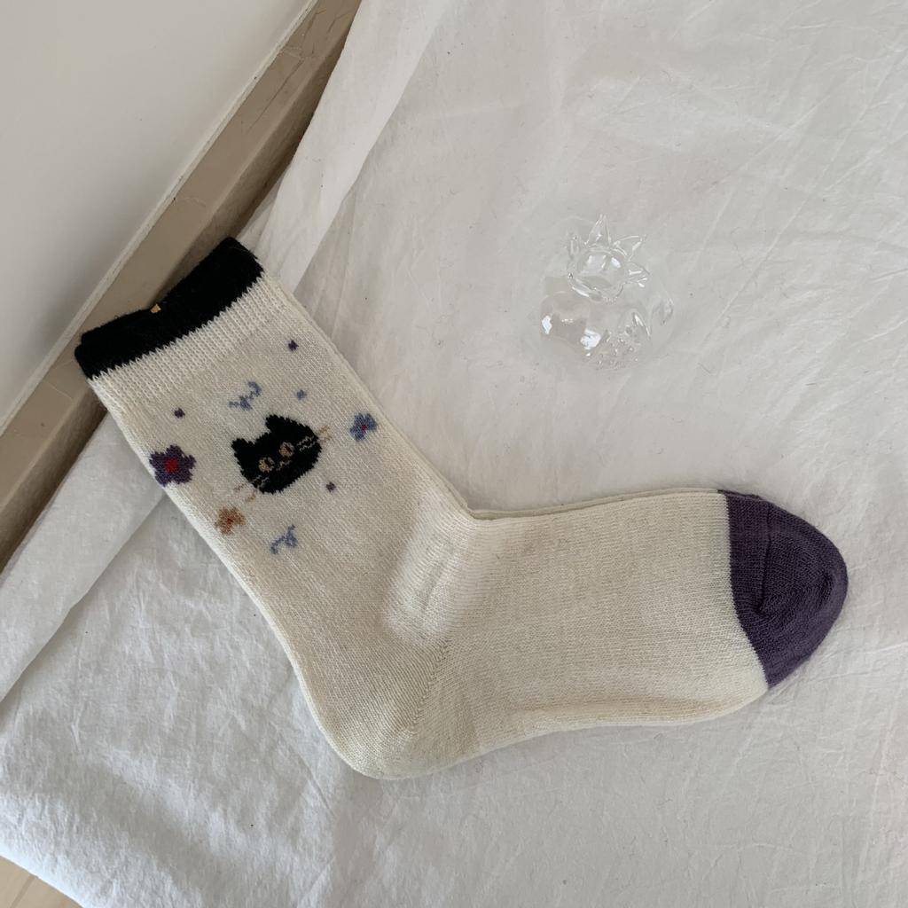 Warm Wool Socks, Women'S Season, Thickened Fleece Mid-Leg Socks, Cute Cat Cartoon Warm Stockings