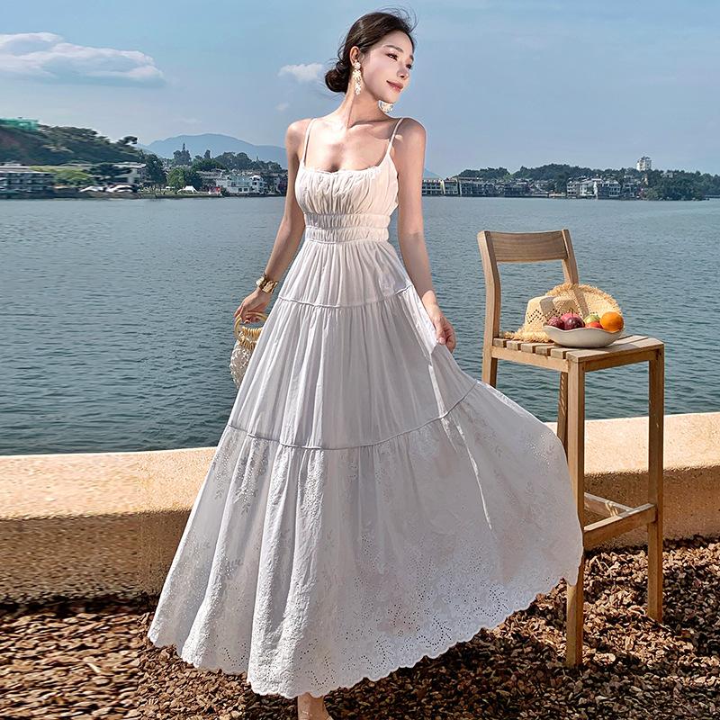 New super fairy seaside vacation white design embroidered suspender dress long dress