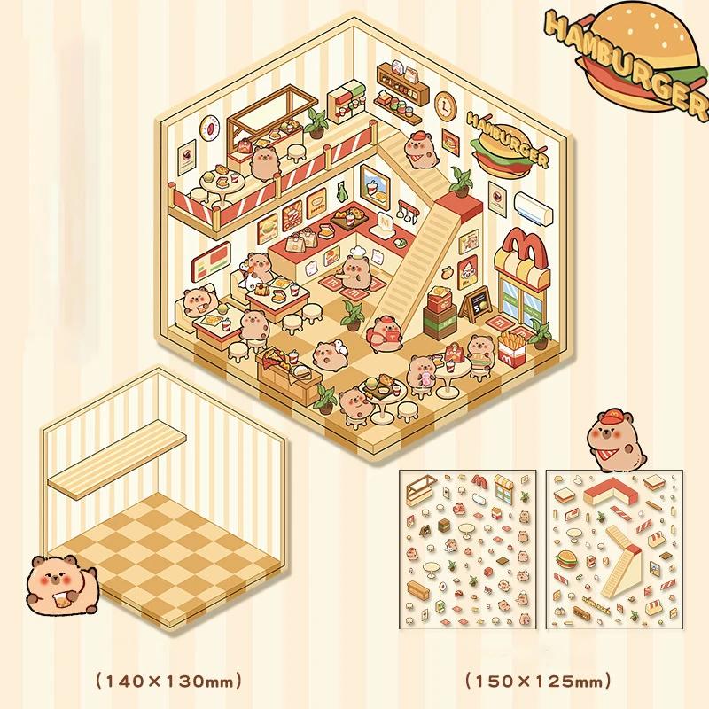 1Set Creative 3D Simulation Cabin Stickers Cute Cartoon Handmade DIY Landscaping Stickers Scene Stacking Pasting Stickers