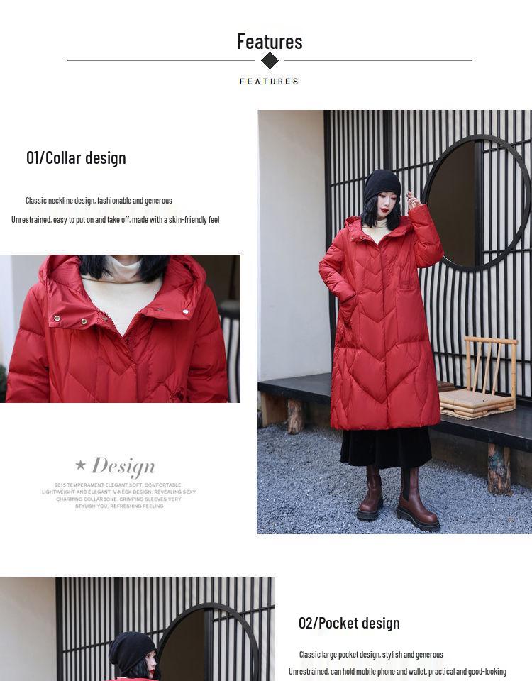 Dámska dlhá retro bunda z bieleho kačacieho páperia - Hrubá, s kapucňou, voľného strihu, teplý zimný kabát, k dispozícii aj vo veľkých veľkostiach