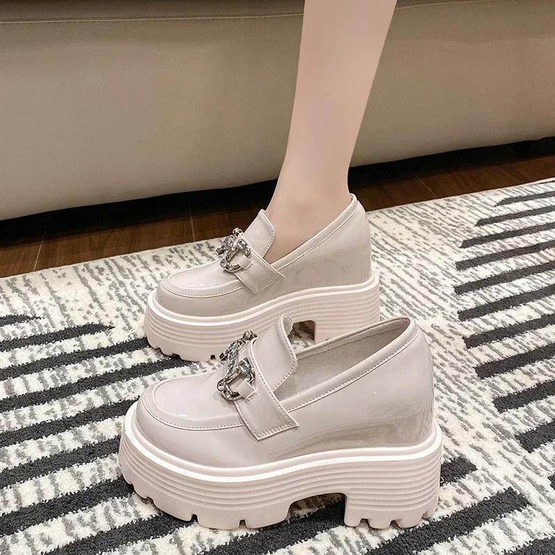 10CM New Autumn Heels Leather Chunky Shoes Women Diamonds High Platform Sneakers Black Tennis Female Vulcanized Shoes Woman
