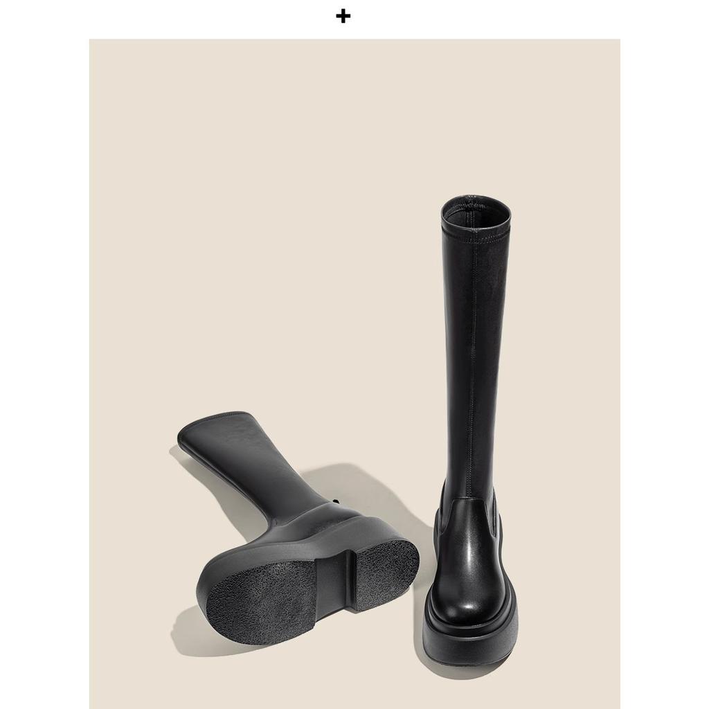 [Factory Making Goods] Leather Thick-soled Boots Women's Elastic Thin Boots Heightening Long Boots Tall Knight Boots