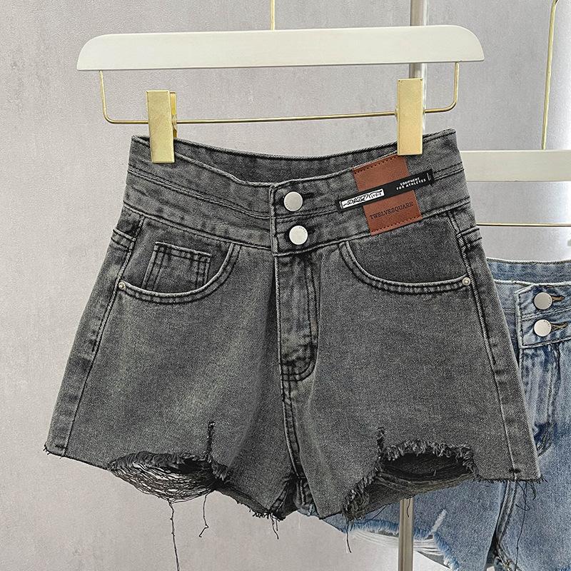 

Шорты из денима с высокой талией и потертостями, женские, новый стиль, тонкие и дикие, летние, свободные, А-силуэта, шорты XXL чёрный