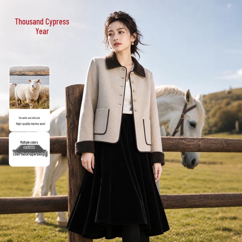 Qianbainian Women's Wool-Blend Color-Block Lapel Double-Faced Coat