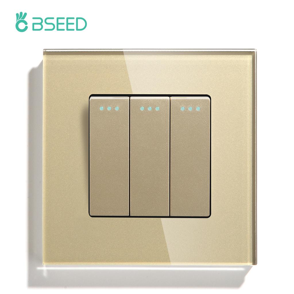 BSEED 1/2/3Gang  Mechanical Button Switch Wall Light Switches 1Way Led Lamp Switch On Off Glass Panel EU Standard 10A