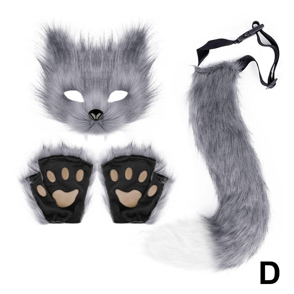 Fox Costume Set Cosplay Halloween Costume Plush Masque Fluffy Paw Gloves Halloween Party Accessories Faux Fur Fox Tail Set