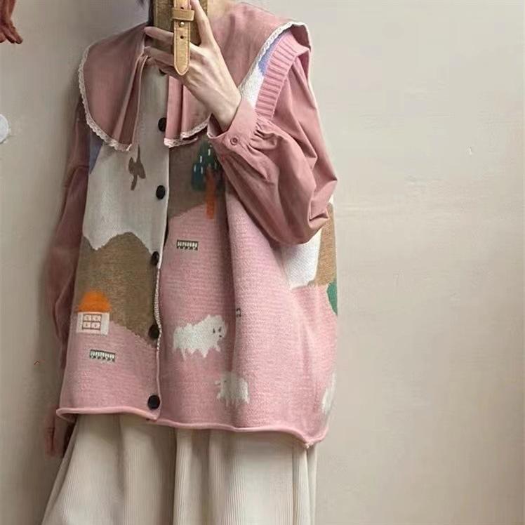 Jacquard Knitted Waistcoat Cardigan Women's Autumn Loose Plus Size Soft Stacked Knitwear Vest