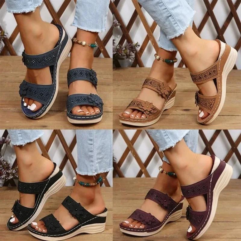 Fashion 2025 Summer Women Wedge Sandals Premium Orthopedic Open Toe Sandals Vintage Anti-slip Leather Casual Female Platform Retro Shoes