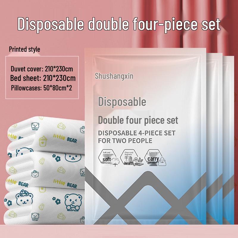 Kitty Disposable Double Bed Travel Bedding Set: 4-Piece Anti-Dirty Sheet, Quilt Cover & Sleeping Bag