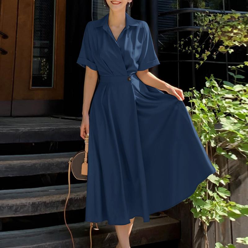 ZANZEA Women Casual Turn Down Collar Loose Summer Short Sleeve Dress