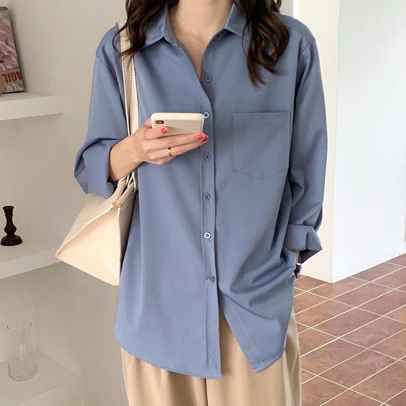 Blaue Ski-Spinning-Hemd aus Seide für Damen im Frühling und Herbst, Einzeltasche, Retro-Design, Temperament, Langarmbluse