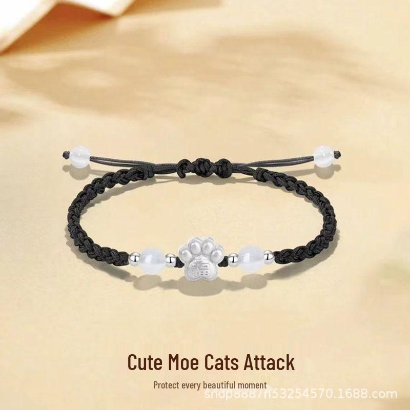 999 Sterling Silver Beckoning Cat Paw Bracelet with Cat Eye  Red String – Couple Gold Store Gift