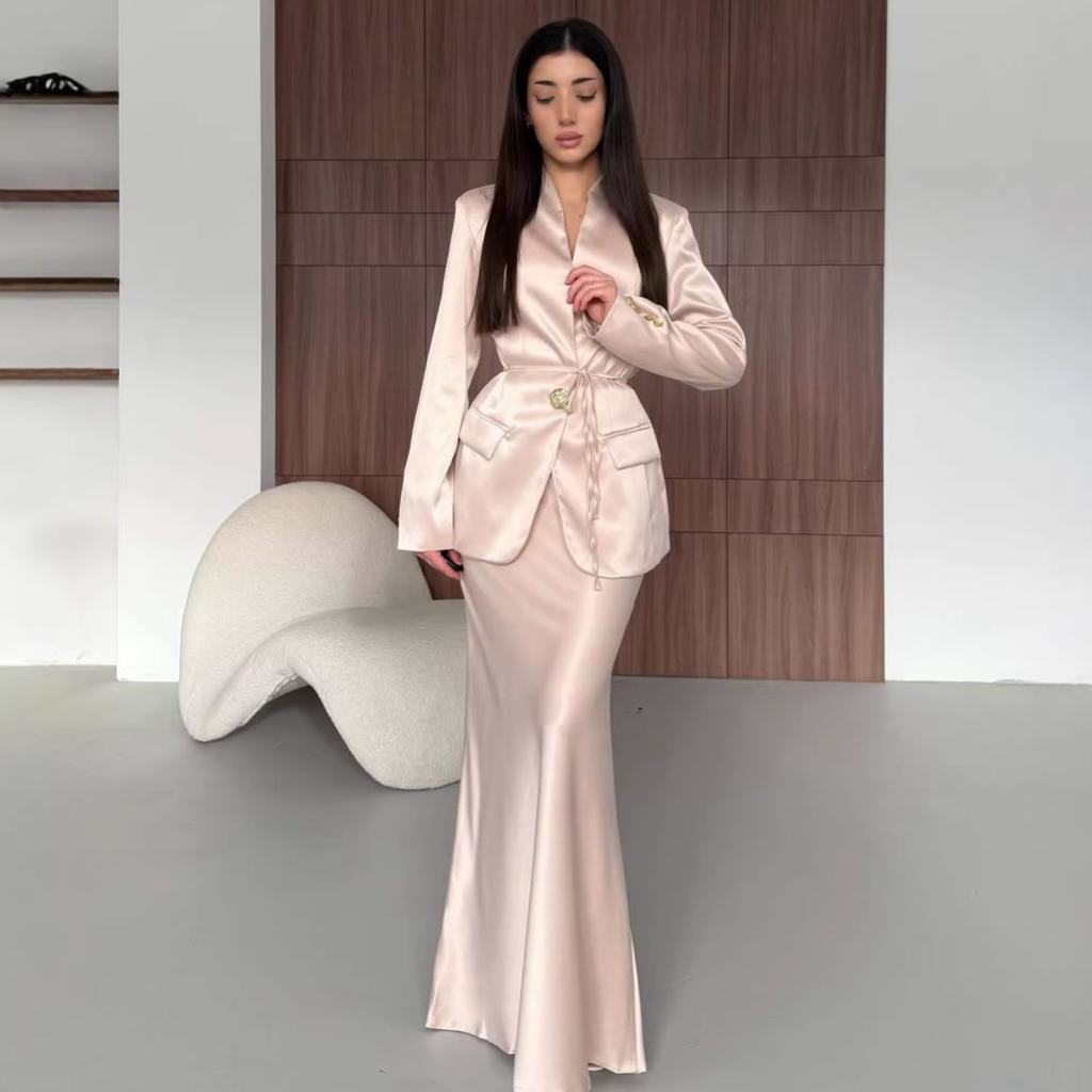 Cross-border European and American Women's Clothing Fashion Temperament Satin Cardigan Long-sleeved Strap-up Straight Suit Long Skirt Set