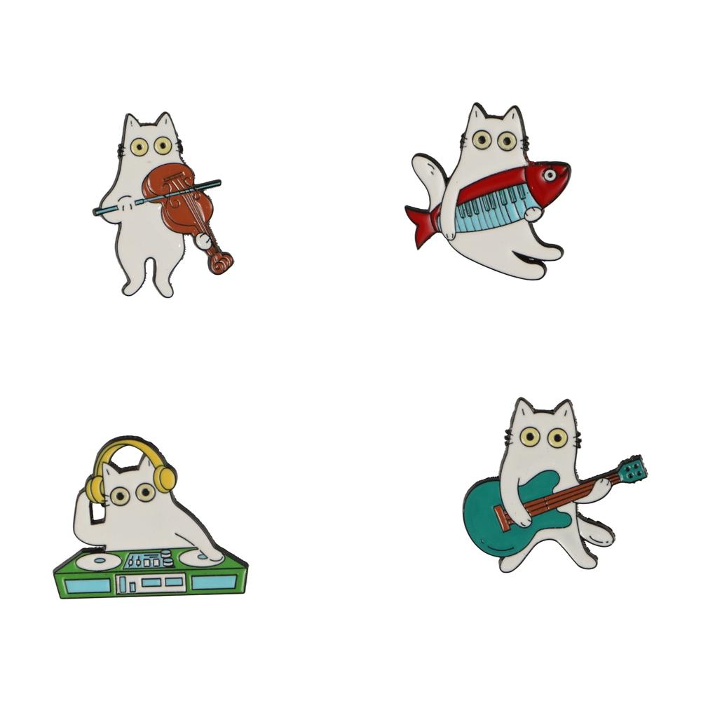 Guitar Women Suit Lapel Pins Accordion Animal Theme Metal Pin Personalized Cat-shape Brooch  Women