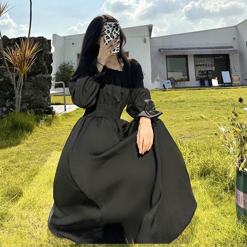 Női ruha Elegáns gótikus vintage fekete alkalmi hercegnős buli Midi irodai ruha női koreai divat