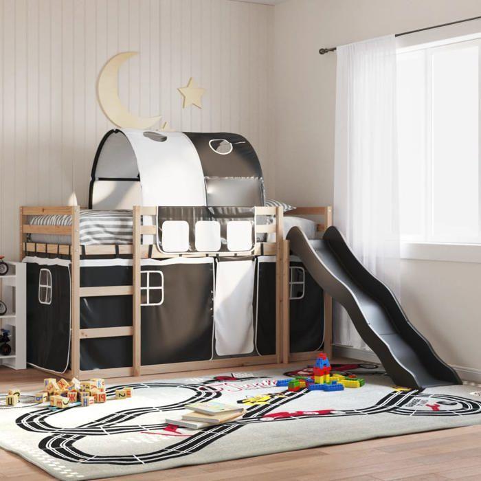 VidaXL Lit superposé avec toboggan et rideaux blanc et noir 90x200 cm, lit, cadre de lit, lit superposé bas, meuble de 3284134