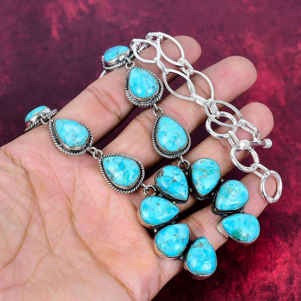 Blue Turquoise Handmade Gemstone Necklace, 925 Solid Sterling Silver Antique Jewelry Adjustable Chain Necklace, For Engagement Gift