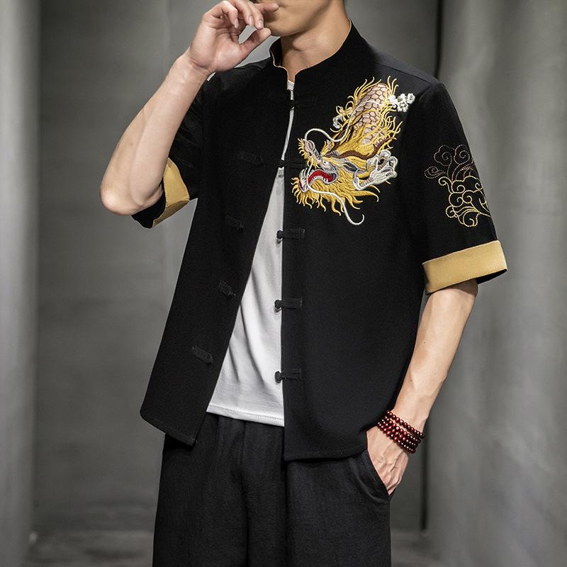 Men's Retro Dragon Embroidery Shirt with Frog Buttons - Casual Short Sleeve, Plus Size