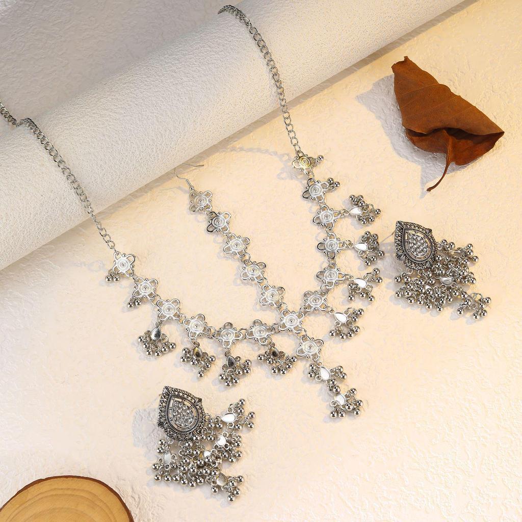 Bohemian Exotic Rhinestone Tassel Necklace & Earrings Set In Antiqued Alloy