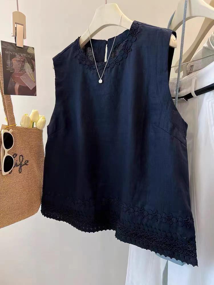 240 Jin Women's Sleeveless Lace Linen Vest – Heavy-duty, High-grade, Loose Round Neck Summer Top