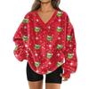 Women's Fashionable V-neck Christmas Printed Long Sleeved Casual Pullover Plush Warm Pocket Sweatshirt Top