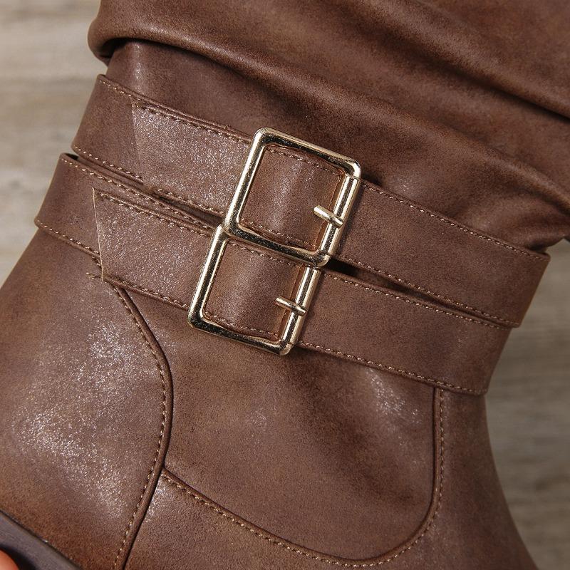 New Fashionable Women's Shoes with Chain Rivets and Thick Heels, Such As Plate-sized Mid-calf Boots