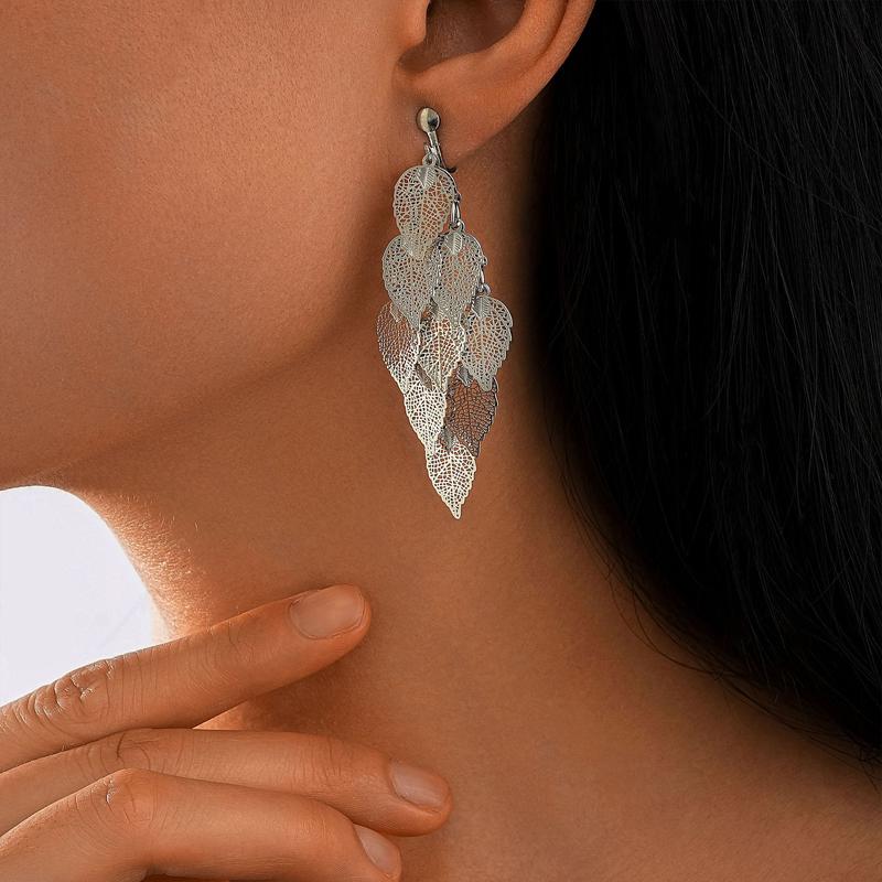 Exaggerated copper Color Leaves Long Tassel Pendant Earrings for Women Creative Metal Hollow Leaf Earrings Party Zircon Gift