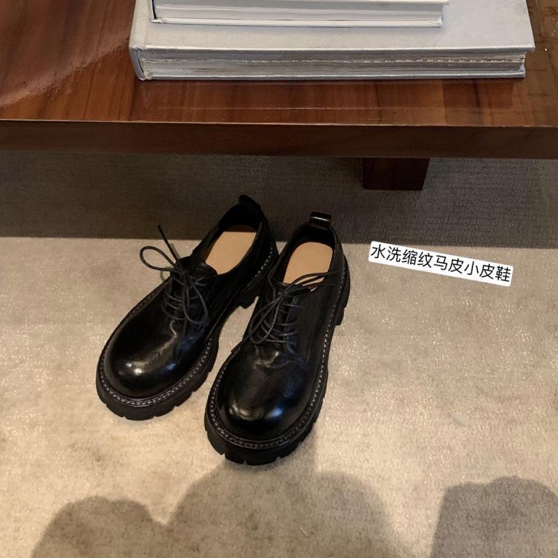 Cowhide version~ Grape mother same loafers women's single shoes lace-up washed shrinkage horse leather thick-soled retro small leather shoes