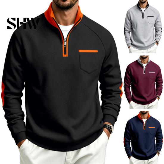 Solid Color Zip Up Tops Men Quarter Zipper Pullover Tops, Mock Neck Long Sleeve Sweatshirt, Contrast Winter Warm Casual Sport with Chest Pocket, Fall