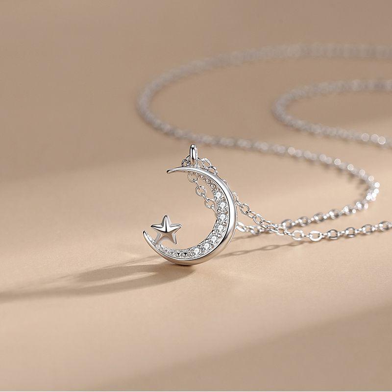 S925 Sterling Silver Star & Moon Necklace for Women - Japanese & Korean Design, Micro-Inlaid Clavicle Chain, Trendy Pendant.