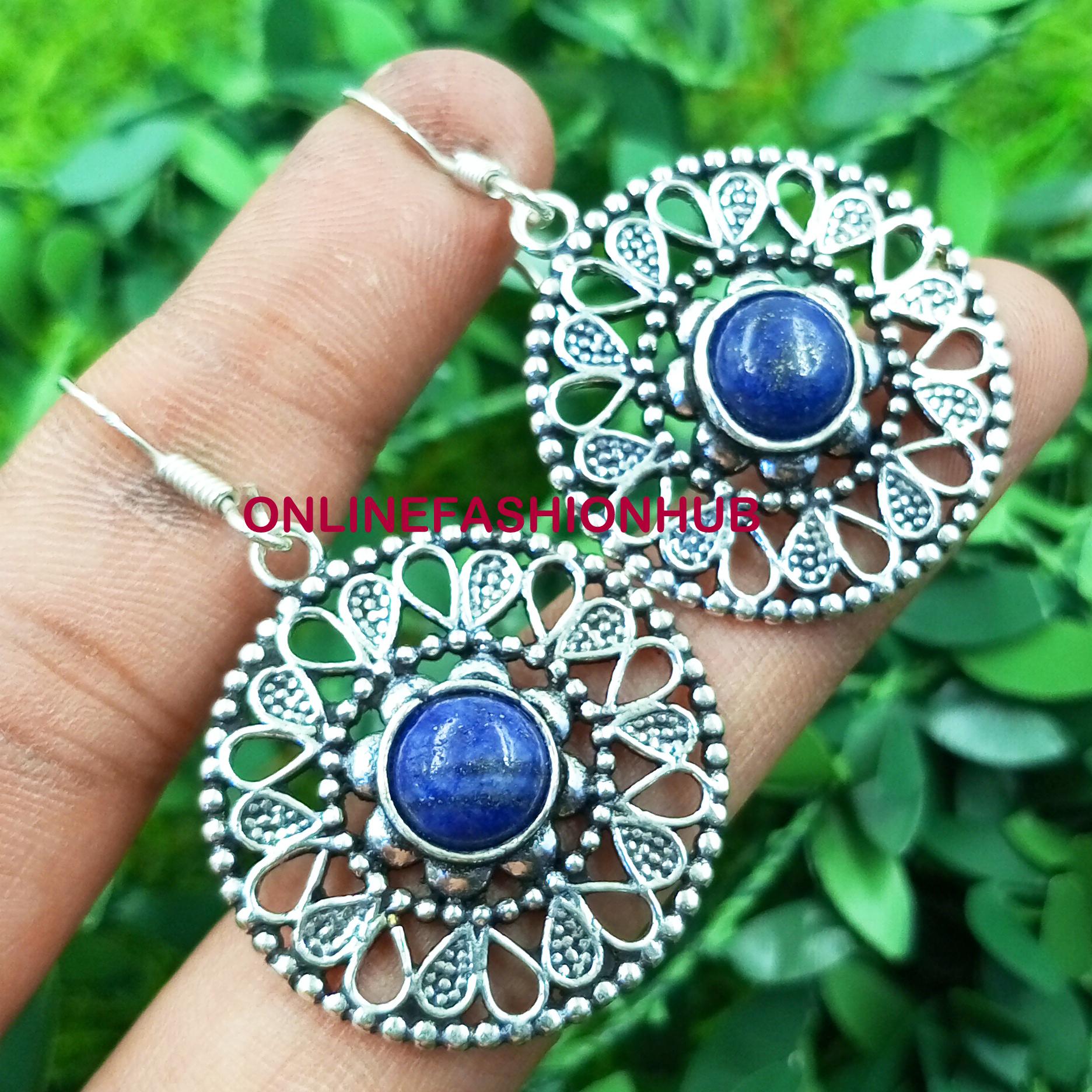 

Драгоценный камень лазурит, стерлинговое серебро 925 пробы, женские серьги в этническом стиле, 1 шт.