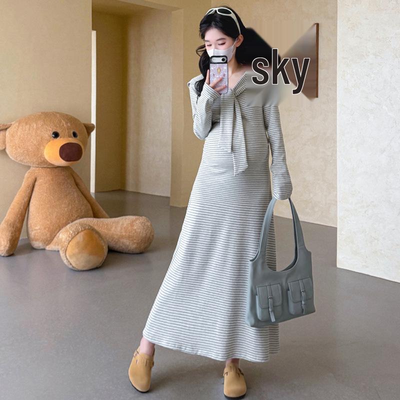 Spring 2026 Korean Striped Maternity Dress with Waist-Cinched Shawl Design L