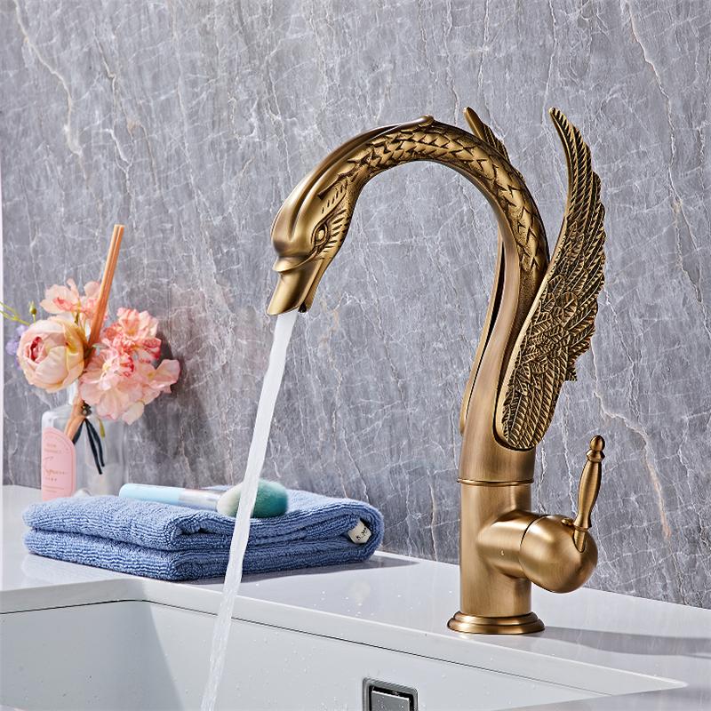 Tuqiu Gold Swan Bathroom Faucet Antique Brass Basin Faucet Mixer Tap Chrome Wash basin Faucet Hot and Cold Waterfall Faucet