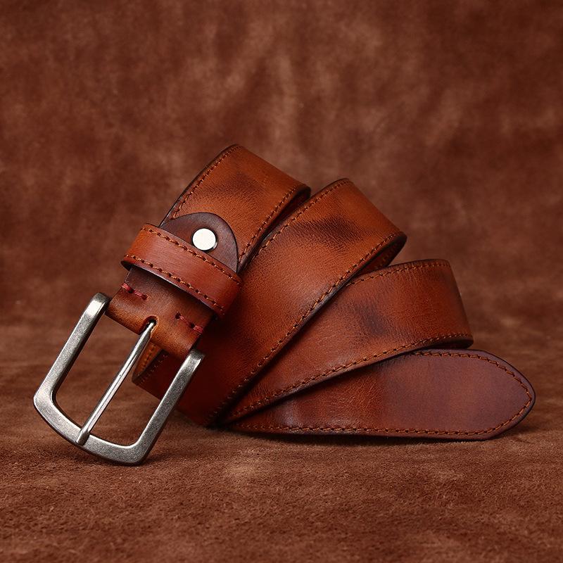 

Мужской ремень в стиле ретро, потертый, цветной, состаренный, плиссированный, из натуральной кожи крупного рогатого скота, повседневный, для рабочих брюк, джинсовый ремень 130cm