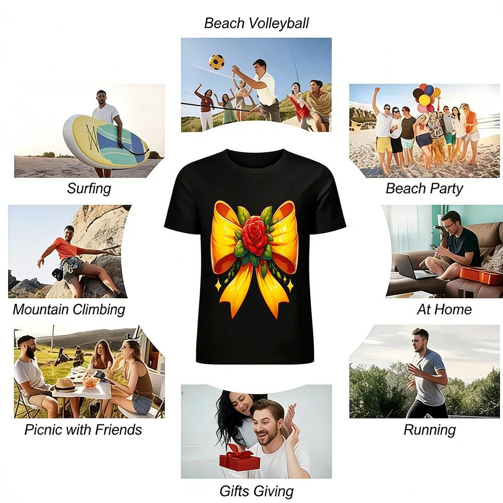 Vintage Red Rose Yellow Bow Print Casual Top Pure cotton T-shirt