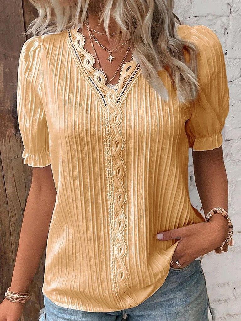 2025 Summer European & American Women's Hollowed-out Short-sleeved Holiday Fashion Shirt