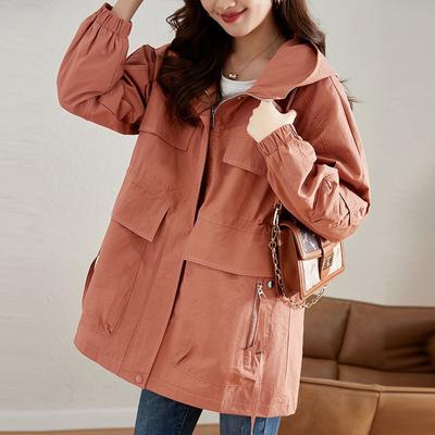 Winddichte Outdoorjacke für Damen, große Größe, lange Kapuzenjacke, lässige Jacke mit mehreren Taschen und Reißverschluss