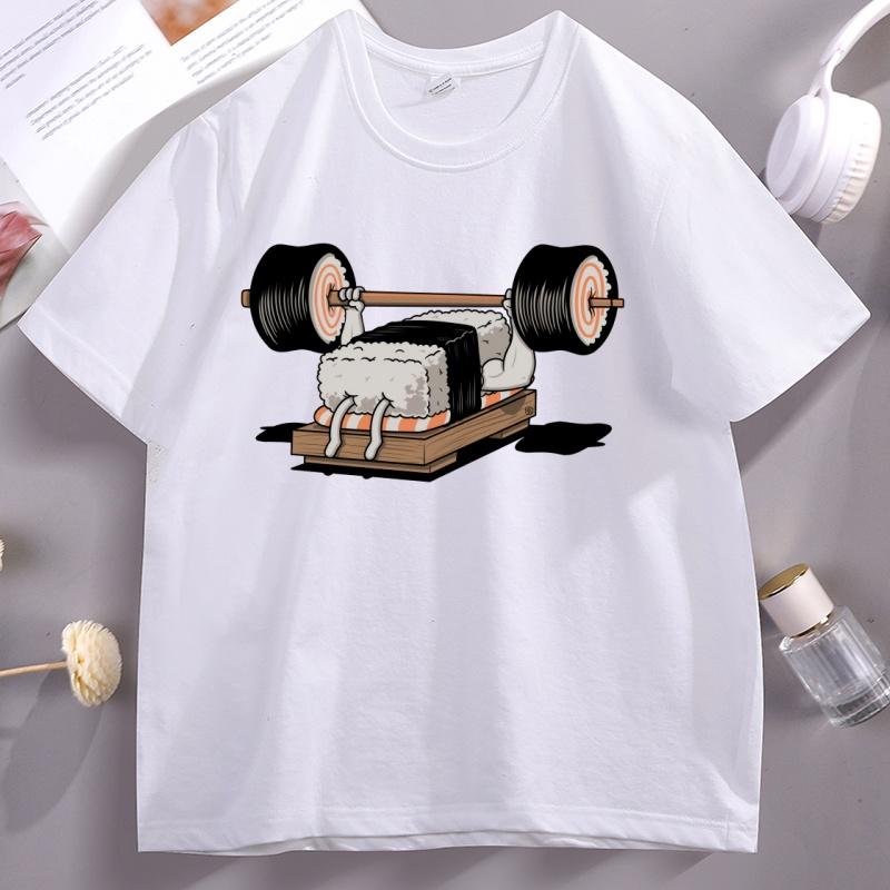 Funny Sushi Weight Lifting Tshirt Man Cotton Short Sleeve Round Neck T Shirt Men Women Casual Loose Breathable Tees Streetwear