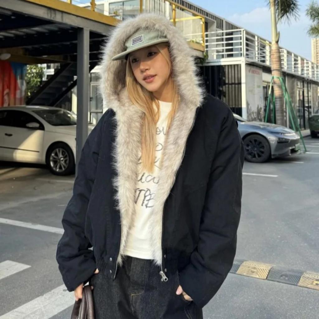 American Retro Fur Collar Hooded Jacket Women Y2K Streetwear Winter New Velvet Thickened Warm Harajuku Loose Casual Jacket
