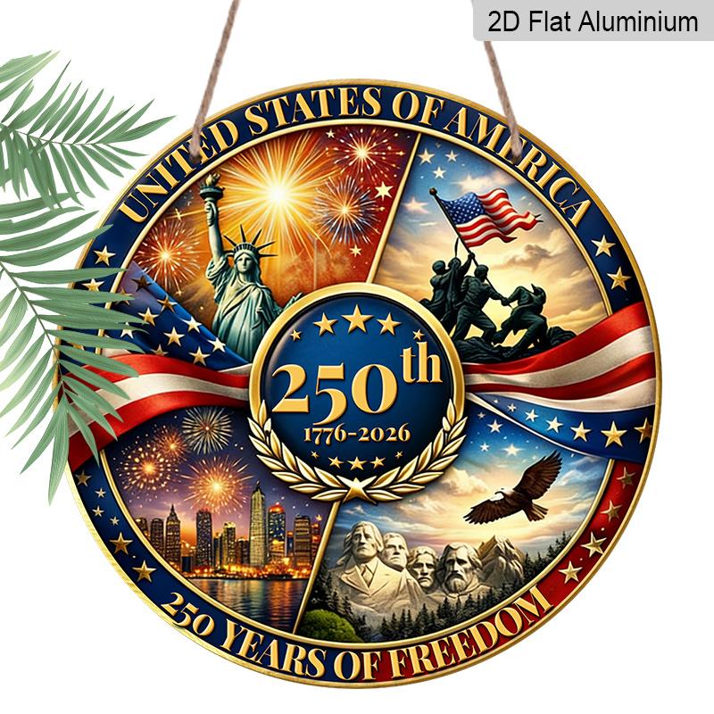1776-2026 America 250th Anniversary Aluminum Door Hanger, Bald Eagle & Fireworks Sign, Patriotic Decor for Porch, Living Room & 4th of July Party