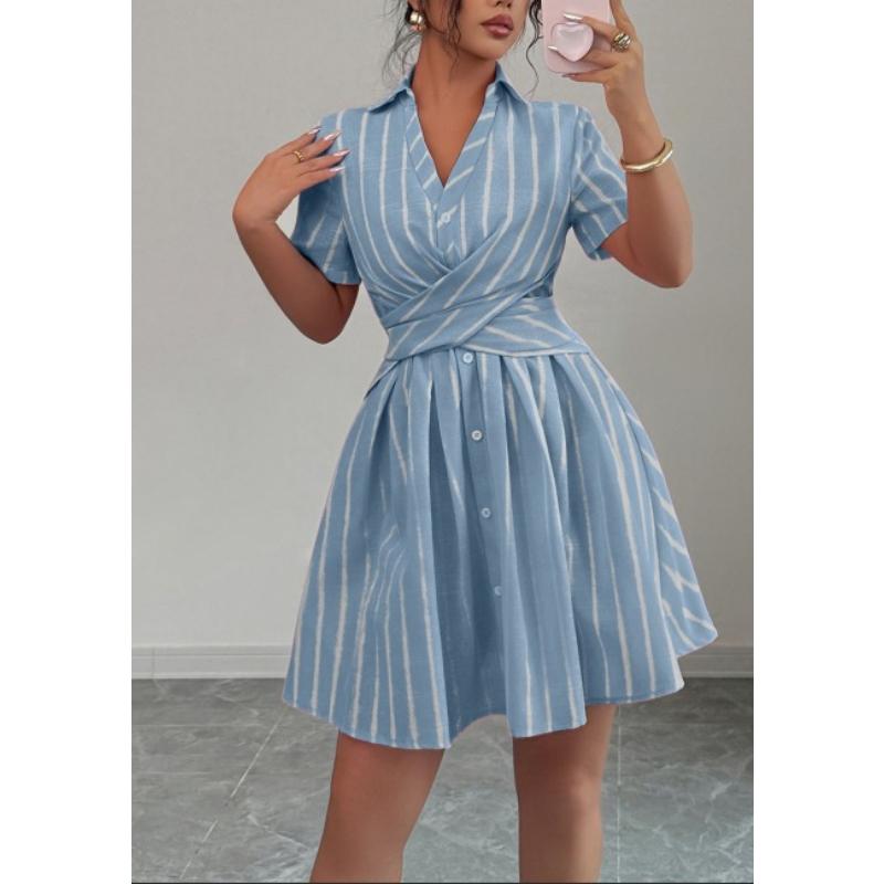 Women s Summer Striped Shirt Mini Dress Collared V Neck Short Sleeve Crisscross Tie Waist Button Front A-Line Elegant Casual Daily Dress S синий