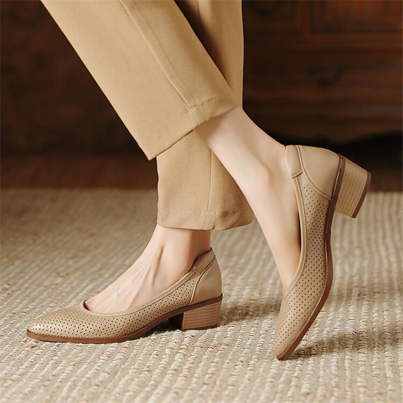 Fashion 2025 New Fashion Hollow Out Women Pumps Pointed Toe Summer Shoes Chunky Heels Genuine Leather Shoes for Women Zapatos De Mujer