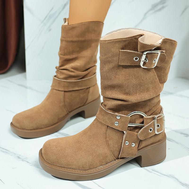 Fashion Fashion Metal Decor Mid Calf Boots for Women Khaki Faux Suede Chunky Heel Combat Booties Woman Autumn Winter Slip On Botas Mujer