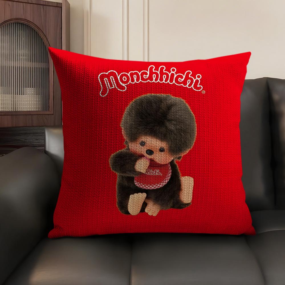 M-Monchhichi Cute Cushion Cover Natural Linen Organic Fabric Double-Sided Printing Sofa Home Decor Gift Pillow Case