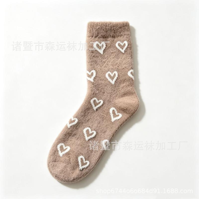 Autumn and Winter Socks Female Mink Velvet Full of Love Plush Cute Sweet Medium Tube Socks Thickened Warm Home Sleeping Socks