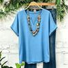 Women's Casual Solid Color V Neck Short Sleeve Top Lightweight Breathable Linen Cotton Blend Shirt for Daily Wear