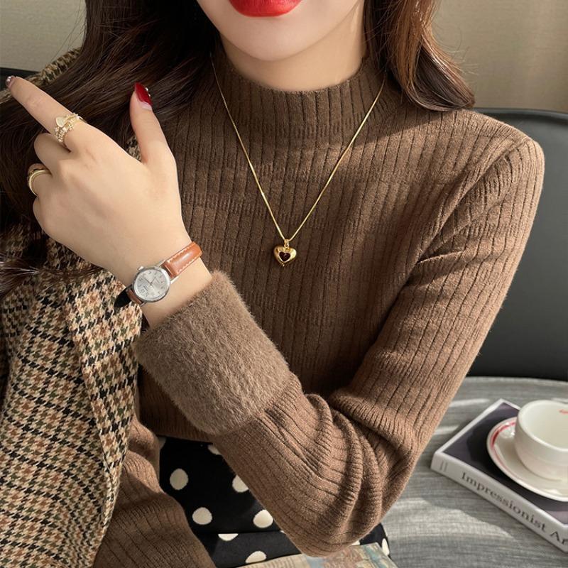 

Осенне-зимние плюшевые бархатные теплые женские свитера, модные толстые, с полувысоким воротником, трикотажные женские свитера, топы, тонкий повседневный флисовый джемпер 25618 One Size темно-коричневого