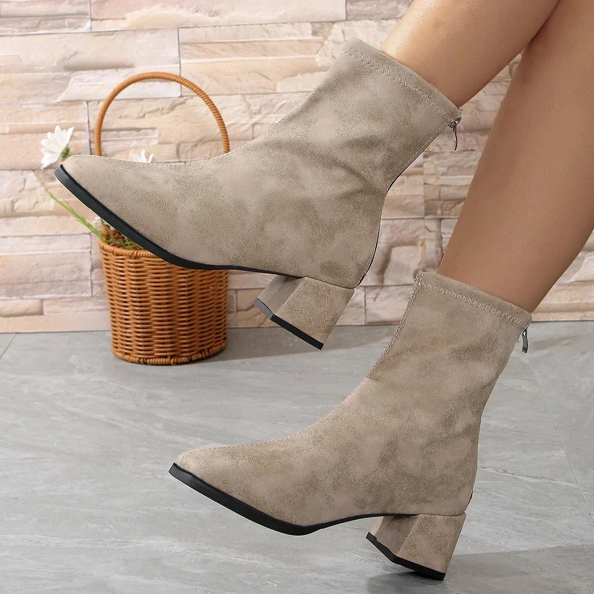 

2026 Ladies Shoes Ankle Women s Boots Elegant Modern Boots Women Sewing Square Toe Back Zip Med Heel Plus Size Shoes Women 35 бежевый
